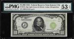 Fr. 2211-Jlgs. 1934 Light Green Seal $1000 Federal Reserve Note. Kansas City. PMG About Uncirculated