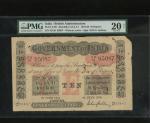 1919年印度10卢比，编号AD/61 95087，Gubbay签名，PMG 20NET，有墨烙。Government of India, 10 rupees, 1919, serial number