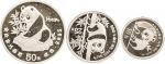 1990年熊猫1/10盎司、1/4盎司、1/2盎司铂币一套，发行量2500套, 带证书、盒。