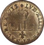 1713/2-AA French Colonies 15 Deniers, or Demi-Mousquetaire. Metz Mint. Vlack-14a. Rarity-8. EF-45 (P