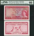 Government of Mauritius, 10 rupees, ND (1954), serial number C367704, red on multicolour underprint,