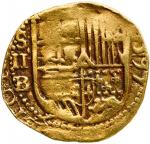 Seville, Spain, gold cob 2 escudos, 1597 date to right, assayer B below mintmark S and denomination 