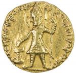 KUSHAN: Vasu Deva I, ca. 191-230+, AV dinar (7.99g), G-503/504, king standing, holding long trident,