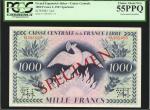 FRENCH EQUATORIAL AFRICA. Caisse Centrale de la France Libre. 1000 Francs, 1941. P-14s2. Specimen. P