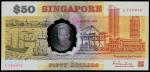 1990年新加坡50元2枚一组，独立25週年纪念钞，编号A189912及A189945，UNC，连原封套