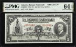 1922加拿大银行5, 10, 20, 50, 100加元。五张。样票。CANADA. Lot of (5). Banque Nationale. 5, 10, 20, 50 & 100 Dollar