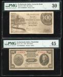 东南亚纸钞一组4枚，包括1958年缅甸100元，1958年缅甸100卢比，1944年荷属印尼100盾，及1946年100盾，编号490546，BA，HF06202A 及 USN000328，分别评PC