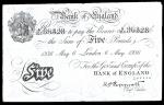 Great Britain. Bank of England. 5 Pounds. May 6, 1936. Peppiatt. Operation Bernhard counterfeit. EF-