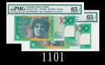 1998-2001年澳洲储备银行塑钞100元，连号两枚评级品1998-2001 Australia Reserve Bank Polymer $100, ND, s/ns FF99564650-51.