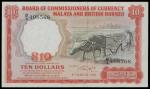 Malaya & British Borneo, $10, 1961, serial number B/4 408568, black and red, farmer ploughing with o