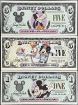 Lot of (3) Disney Dollars. $1 & $5 1993-2009. Disneyland. Choice Uncirculated to Uncirculated.