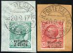 1917 Hand Overprint and Surcharge Issue (Scott 1 & 3; SG 1 & 3), 2c on 5c green plus 4c on 10c clare