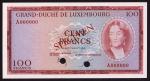 Luxembourg, specimen 100 francs, 1963, serial number A 000000, (Pick 52s), uncirculated