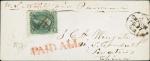 1867年11月18日美国寄汕头小型封, 贴1861-62年深绿色10仙票, 销国圈戳及墨水画上"卄"记号, 另有较模糊的新罕布希尔州Stratham日戳, 及大型横排红色"PAID ALL", 封右