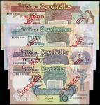 1989年塞舌尔中央银行 10, 25, 50 & 100 卢比。四张样张。SEYCHELLES. Lot of (4). Central Bank of Seychelles. 10, 25, 50