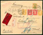 1934年大连寄德国快挂封1件,贴日本邮票5枚,合资38钱,销大连山县通1月16日戳,有德国到达戳,并有德国检查封条,保存完好