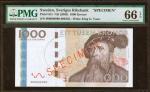 SWEDEN. Sveriges Riksbank. 1000 Kronor, ND (2005). P-67s. Specimen. PMG Gem Uncirculated 66 EPQ.