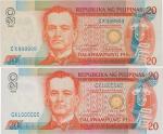 Philippines; 1999, Lot of 2 Lucky number notes. 20 Piso x2 pcs., P.#182f, sn. CX 1000000, left side 