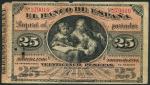 El Banco de Espana, 25 pesetas,1 January 1884, red serial number 279019, black on light red underpri