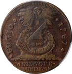 1787 Fugio Copper. Pointed Rays. Newman 9-P, W-6755. Rarity-4. STATES UNITED, 4 Cinquefoils. VF-35 (