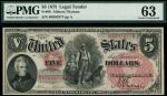 x United States, Legal Tender, $5, 1875, red serial number B4993377, black on red, Andrew Jackson at