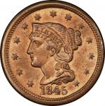1845 Braided Hair Cent. Newcomb-5. Rarity-1. Mint State-65 RB (PCGS).