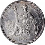 1907-A年坐洋壹圆贸易银币。巴黎造币厂。FRENCH INDO-CHINA. Piastre, 1907-A. Paris Mint. PCGS MS-60 Gold Shield.