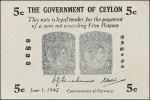 CEYLON. Government of Ceylon. 5 Cents, 1942. P-42. Extremely Fine.