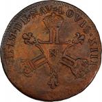 (1710-12)-N French Colonies 6 Deniers, or “Sols de Dardennes.” Montpelier Mint. Gadoury-85--Obverse 