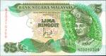 1989年马来西亚国家银行5马币。替补券。About Uncirculated to Choice Uncirculated.