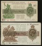 英国1922-23年10先令及1919年1镑一对，均无日期，编号T/45 354153 及 L1/62 036099，VF品相