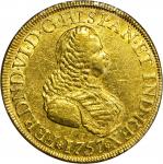 COLOMBIA. 1757-SJ 8 Escudos. Santa Fe de Nuevo Reino (Bogotá) mint. Ferdinand VI (1746-1759). Restre