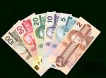 1986-1991年加拿大银行纸钞一组6枚，$2, $5, $10, $20, $50 及 $100，$5有软摺，其馀均UNC。Bank of Canada, a group of 6x notes 