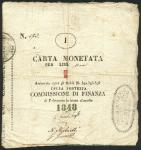 Assedio di Palmanova, 1 lire, 1848, serial number 573 manuscript black text on cream parchment like 