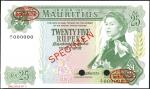 Bank of Mauritius, specimen 5 rupees, prefix A/1 (Pick 32s, TBB B403s), mounting at reverse, good ex