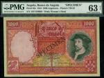 x Banco de Angola, specimen 1000 angolares, 1944, serial number 10YV00000, red and green, Don Joao I