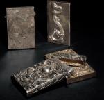 民国银质錾刻龙纹烟盒一组四件