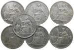 French Indochina, group of 7x Silver Piastres, 1885, 1899, 1907 (2), 1909, 1922 and 1926,all cleaned