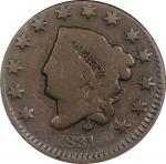 1831 Matron Head Cent. N-5. Rarity-4. Medium Letters--Misaligned Obverse Die--Good-6 (PCGS).