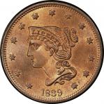 1839 Braided Hair Cent. Braided Hair. Newcomb-8. Type of 1840. Rarity-1. Mint State-66 RB (PCGS).