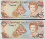 Cayman Islands Currency Board, $100 (2), 1991, serial number B/1 000073, 000294, orange, Queen Eliza