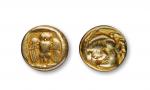 古希腊米蒂利尼城邦猫头鹰琥珀金币一枚，重：2.51g，XF公元前454-428年发行于LESBOS的Mytilene. 典型的古风风格琥珀金。猫头鹰是古希腊币的象征，这让这款本身就为数不多的古希腊琥珀