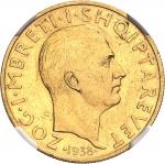 ALBANIEZog Ier (1/9/1928-1939). 50 franga ari, 10e anniversaire du règne 1938, R, Rome.