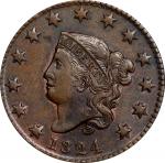 1824 Matron Head Cent. N-4. Rarity-2. AU-50 (PCGS).