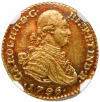 Bogota, Colombia, gold bust 1 escudo, Charles IV, 1796 JJ, NGC AU 53.