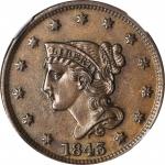 1843 Braided Hair Cent. N-8. Rarity-2. Petite, Small Letters. MS-63 BN (NGC).