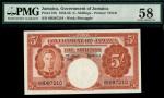 Bank of Jamaica, 5 shillings, 7 April 1955, serial number 69D87210, red and orange, King George VI a
