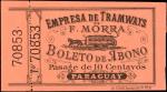 PARAGUAY. Empresa de Tramways de F. Morra. 10 Centavos, (ca.1885). P-UNL. Choice Uncirculated.