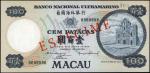1979年葡国海外银行壹佰圆。MACAU. Banco Nacional Ultramarino. 100 Patacas, 1979. P-57a(1)s. Specimen. Uncirculat
