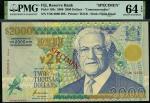 Reserve Bank of Fiji, millennium specimen 2000 dollars, year 2000, serial number Y2K 0000 098, green